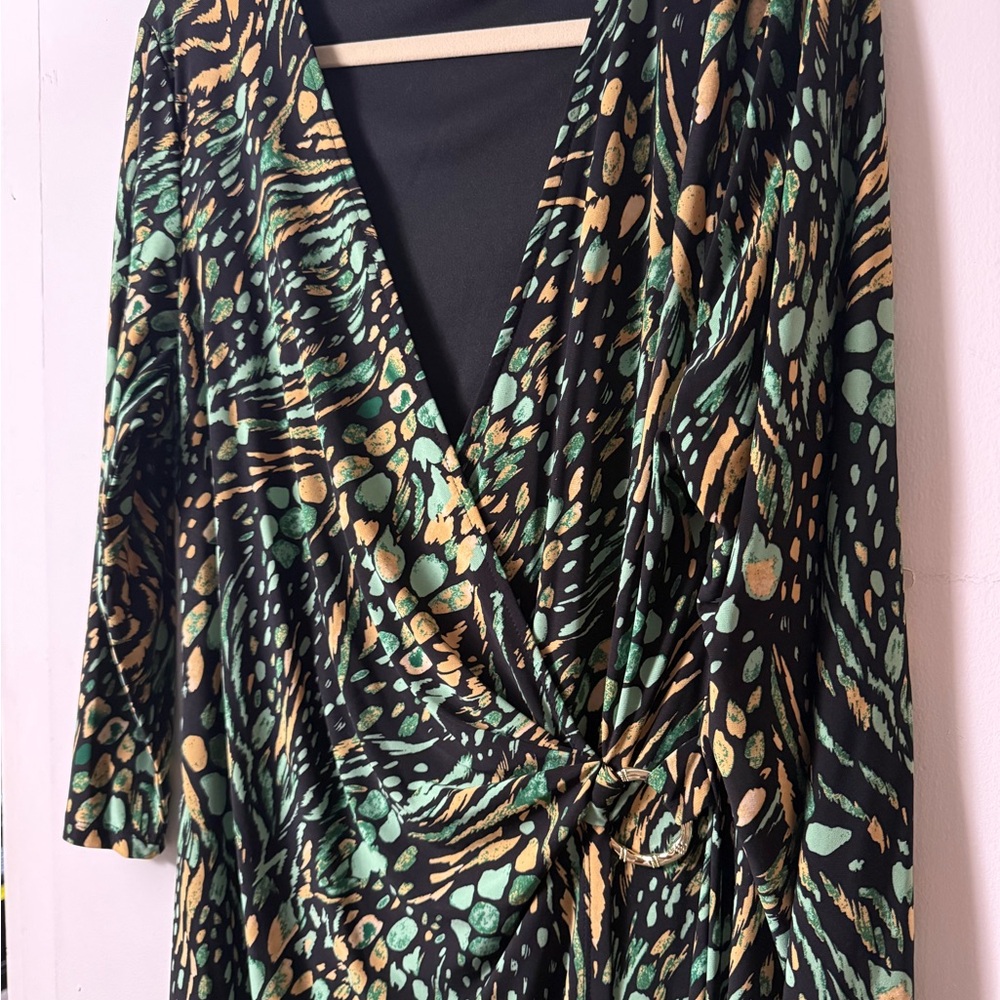 Evan-Picone Black Label- Wrap Dress with Mint Green and Gold Abstract Print